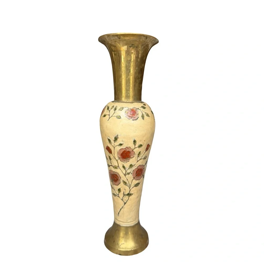 Solid Brass Decorative Vase With Enamel Hand Painted Floral Design 11”